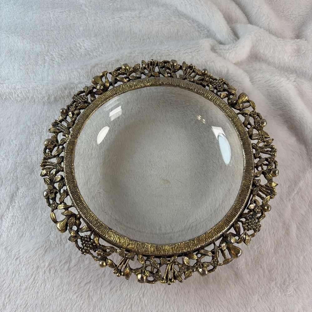 Vtg 60s Hollywood Regency Gold Filigree Glass Vanity Dish Trinket Bowl Boudoir